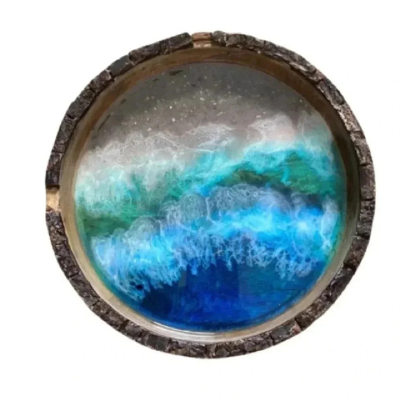 Decorative Wood Round Homemade Beach Resin Serving Plate - Picture 1 of 7